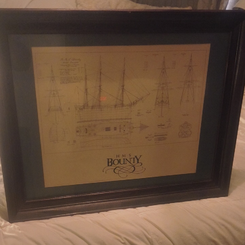 Framed HMS Bounty Blueprint – Detailed Nautical Plans, famous Stolen Pirate Ship